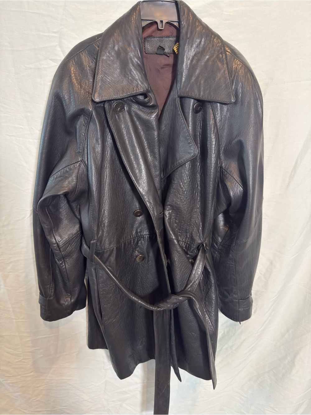 Vintage oversized Black Leather Coat - Men's Double-Breasted Trench